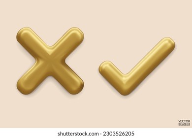 3D-goldenes Prüfzeichen und X-Markensymbol. Markieren Sie das Symbol rechts, kreuzen Sie das Symbol an. überprüfen und deaktivieren Sie Web- und Mobile-Apps. 3D-Vektorgrafik.