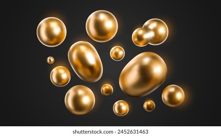 3d gold chrome liquid blobs set. Abstract colored spheres in flight. Vector realistic render of bubbles on an isolated white background. Illustration of lava lamp elements in y2k style.