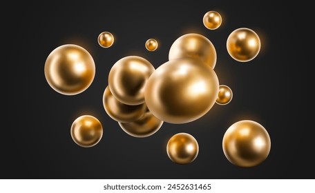 3D Gold Chrom Liquid Blobs Set. Abstrakte farbige Kugeln im Flug. Vektorgrafik Realistisches Rendering von Blasen auf einem isolierten weißen Hintergrund. Illustration von Lava-Lampe Elemente im y2k-Stil.