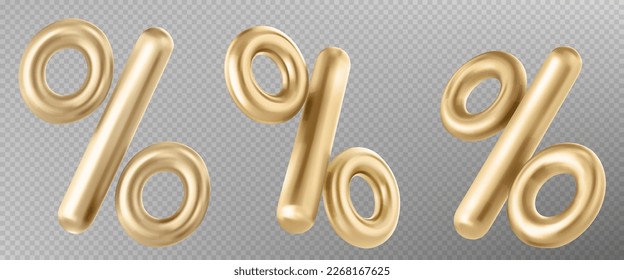 3d gold chrome percent symbol for black friday sale background. Vector percentage icon for discount calculation or infographic on transparent background. Realistic font png for card design.