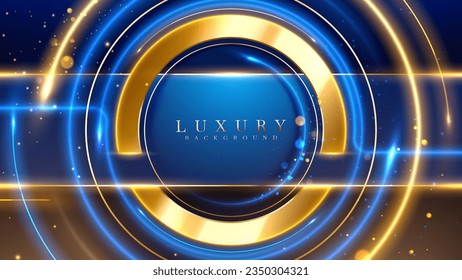 3d gold circle frame with blue neon effects elements with glitter light decorations and bokeh. Vector illustration.