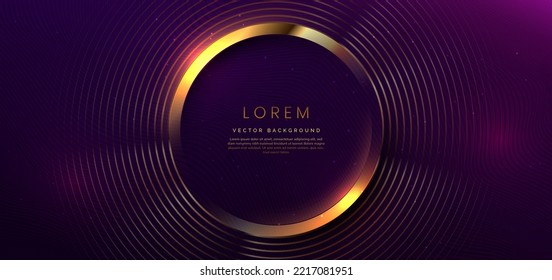 3D gold circle lines overlapping on dark purple background with lighting effect and space for text. Luxury design style. Vector illustration