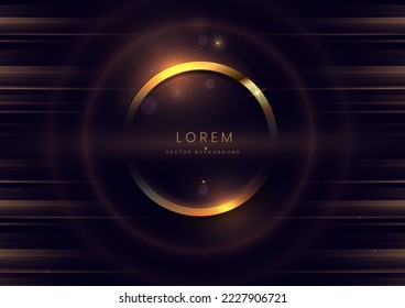 3D gold circle on dark purple background with lighting effect and space for text. Luxury design style. Vector illustration