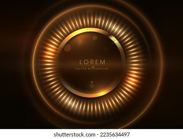 Círculo dorado 3D sobre fondo marrón oscuro con efecto de iluminación y espacio para el texto. Diseño de lujo. Ilustración del vector