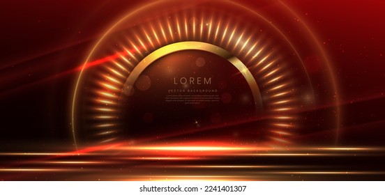 3D gold circle on dark red background with lighting effect and space for text. Luxury design style. Vector illustration
