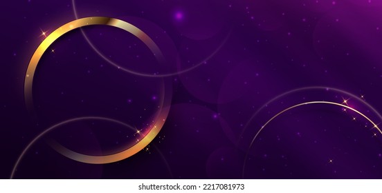 3D gold circle on purple background with lighting effect and space for text. Luxury design style. Vector illustration