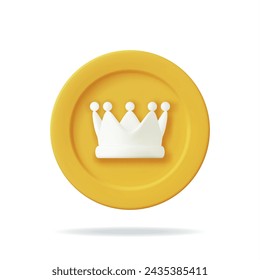 3D Gold Coin Crown Icon Isolated. Render Golden Money Crown Emoji Symbol. Emoticon for VIP, Rich, Winner Luxury Premium Success. Rating or Status Signs. Realistic Vector Illustration