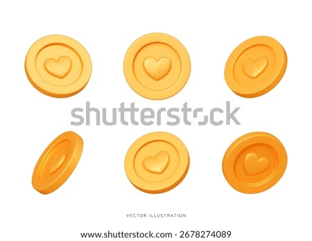 3D Gold coin set at different rotation angles. Creative design icon for game and animation isolated on white background. All rotation view. Realistic coin with heart. 3D Vector Illustration
