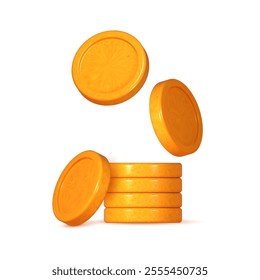 3D gold coin. Stacks of money representing finance, investment, and savings. Game elements include a pile of golden pennies. Treasure heap in a creative cartoon design.