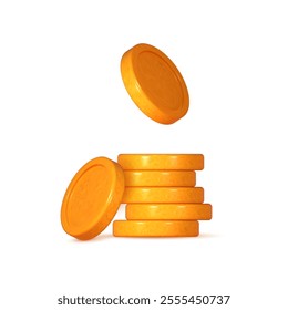 3D gold coin. Stacks of money representing finance, investment, and savings. Game elements include a pile of golden pennies. Treasure heap in a creative cartoon design.