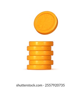 3D gold coin. Stacks of money representing finance, investment, and savings. Game elements include a pile of golden pennies. Treasure heap in a creative cartoon design.