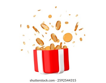 3d gold coins flying out of a red box. Stock vector illustration on isolated background.