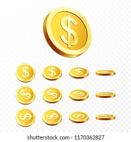 3d Gold coins illustration. Realistic gold coin on transparent background. Vector