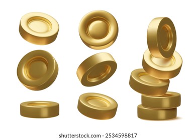 3d gold coins set and minimal realistic money stack. Three dimensional vector illustration isolated on white background.