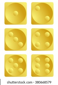 3d gold color dices for games turned on all sides, with all numbers - one, two, three, four, five, six. Golden shiny dice vector art image illustration eps10, isolated on white background