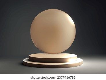 3D gold color podium stand with circle backdrop on black background is a modern luxury and stylish mockup purposes, such as product display, marketing, and advertising. Vector illustration