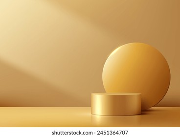 Podio de color oro 3D con un telón de fondo circular y haz de luz en el fondo de la escena de la pared, estilo de lujo, pantalla de Producto, maqueta, presentación de escaparate. Ilustración vectorial