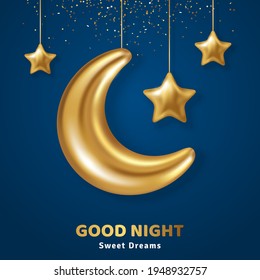 3d gold crescent half moon with hanging stars and confetti on dark blue sky background. Vector illustration. Ramadan Kareem concept banner and good night sweet dreams baby wallpaper. Place for text