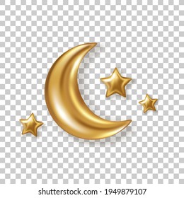 3D goldener Halbmond mit glänzenden Sternen einzeln auf transparentem Hintergrund. Vektorgrafik. Ramadan Kareem Konzept Ikone und gute Nacht süße Träume Babyzeichen.