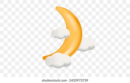 3D Gold Halbmond in Wolken. Islamischer Ramadan, muslimischer Jahrestag. Zeichentrickfilm-Vektorgrafik