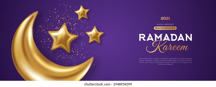 3d gold crescent moon with stars and confetti on dark sky violet background. Vector illustration. Ramadan Kareem concept banner and good night wallpaper. Place for text