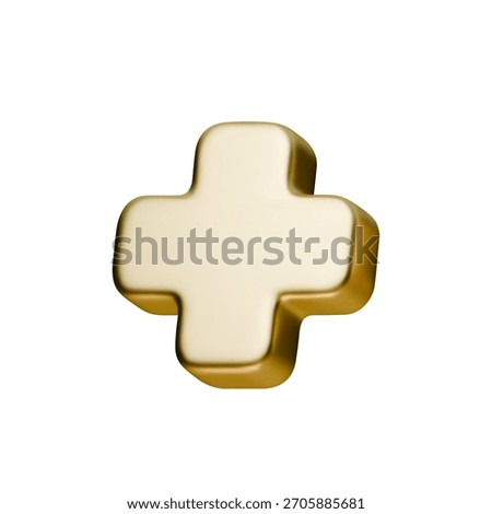 3D gold cross icon with smooth metallic texture. Golden plus symbol shines on clean white background, creating simple medical and UI element with realistic glossy finish
