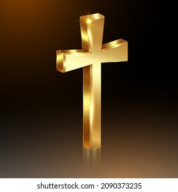 3d gold cross of light, shiny Cross with golden foil texture, symbol of christianity. Symbol of hope and faith. Vector illustration isolated on black gradient background