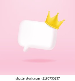 Símbolo de emoji de la copa de oro 3D para el éxito de lujo ganador. Corona de oro de lujo sobre el icono del mensaje de la burbuja, comentarios de los clientes, popular. Diseño vectorial 3D.