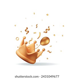 3D Gold Crown Icon and Confetti. Render Golden Confetti Around Crown. Symbol for VIP, Rich, Winner Luxury Premium Success. Customer Feedback, Rating or Status Signs. Realistic Vector Illustration