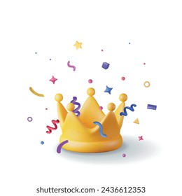 Icono de la corona de oro 3D y confeti. Representar Confeti Colorido Alrededor De La Corona. Símbolo de VIP, Rico, Ganador de Lujo Éxito Premium. Comentarios de clientes, calificaciones o signos de estado. Ilustración vectorial realista