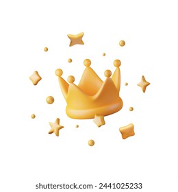 3D Gold Crown Icon and Confetti. Render Golden Confetti Around Crown. Symbol for VIP, Rich, Winner Luxury Premium Success. Customer Feedback, Rating or Status Signs. Realistic Vector Illustration