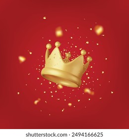 3D Gold Crown Icon and Confetti. Render Golden Confetti Around Crown. Symbol for VIP, Rich, Winner Luxury Premium Success. Customer Feedback, Rating or Status Signs. Realistic Vector Illustration