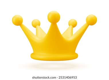 3D Gold Crown Icon Isolated on White. Render Golden Crown Symbol. Rating or Status Signs. Realistic Vector Illustration