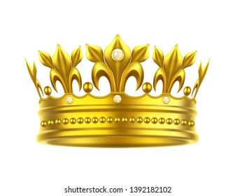 3d gold crown isolated. Realistic king or queen, prince or princess headgear. Medieval royal headdress icon. Marquis and duke, pope tiara. Game or award icon. Jewelry or heraldic theme, monarchy, head