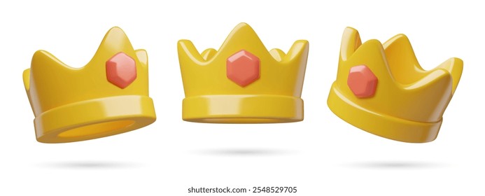 3d gold crowns icons set. Realistic three dimensional vector illustrations isolated on white background. 