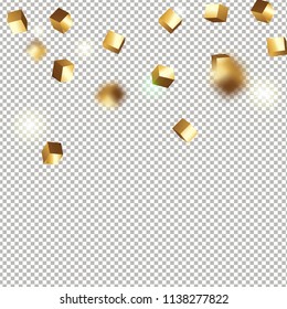 3D gold cube confetti. Flying shiny glitter. Bokeh glitch texture. Abstract golden defocused birthday invitation template. Wedding golden square card. Flying abstract glitter. Explosion celebrate card