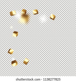 3D gold cube confetti. Flying shiny glitter. Bokeh glitch texture. Abstract golden defocused birthday invitation template. Wedding golden square card. Flying abstract glitter. Explosion celebrate card