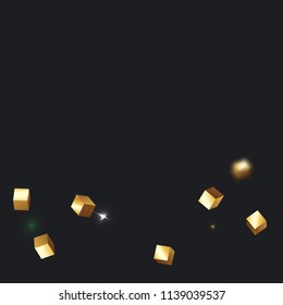 3D gold cube confetti. Flying shiny glitter. Bokeh glitch texture. Abstract golden defocused birthday invitation template. Wedding golden square card. Flying abstract glitter. Explosion celebrate card