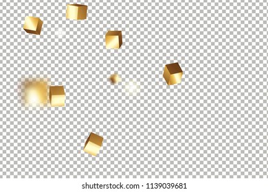 3D gold cube confetti. Flying shiny glitter. Bokeh glitch texture. Abstract golden defocused birthday invitation template. Wedding golden square card. Flying abstract glitter. Explosion celebrate card