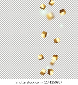 3D gold cube confetti. Flying shiny glitter. Bokeh glitch texture. Abstract golden defocused birthday invitation template. Wedding golden square card. Flying abstract glitter. Explosion celebrate card