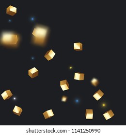 3D gold cube confetti. Flying shiny glitter. Bokeh glitch texture. Abstract golden defocused birthday invitation template. Wedding golden square card. Flying abstract glitter. Explosion celebrate card