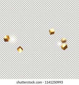 3D gold cube confetti. Flying shiny glitter. Bokeh glitch texture. Abstract golden defocused birthday invitation template. Wedding golden square card. Flying abstract glitter. Explosion celebrate card
