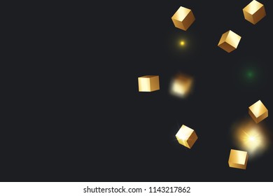 3D gold cube confetti. Flying shiny glitter. Bokeh glitch texture. Abstract golden defocused birthday invitation template. Wedding golden square card. Flying abstract glitter. Explosion celebrate card