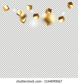 3D gold cube confetti. Flying shiny glitter. Bokeh glitch texture. Abstract golden defocused birthday invitation template. Wedding golden square card. Flying abstract glitter. Explosion celebrate card