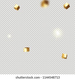 3D gold cube confetti. Flying shiny glitter. Bokeh glitch texture. Abstract golden defocused birthday invitation template. Wedding golden square card. Flying abstract glitter. Explosion celebrate card