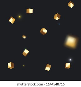 3D gold cube confetti. Flying shiny glitter. Bokeh glitch texture. Abstract golden defocused birthday invitation template. Wedding golden square card. Flying abstract glitter. Explosion celebrate card