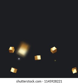 3D gold cube confetti. Flying shiny glitter. Bokeh glitch texture. Abstract golden defocused birthday invitation template. Wedding golden square card. Flying abstract glitter. Explosion celebrate card