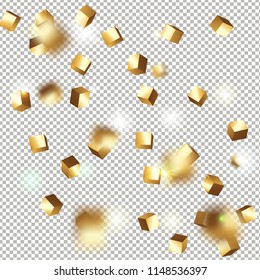 3D gold cube confetti. Flying shiny glitter. Bokeh glitch texture. Abstract golden defocused birthday invitation template. Wedding golden square card. Flying abstract glitter. Explosion celebrate card