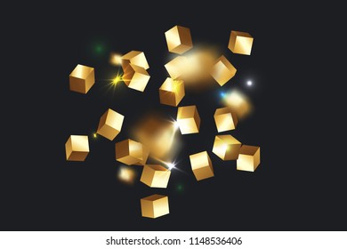 3D gold cube confetti. Flying shiny glitter. Bokeh glitch texture. Abstract golden defocused birthday invitation template. Wedding golden square card. Flying abstract glitter. Explosion celebrate card