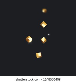 3D gold cube confetti. Flying shiny glitter. Bokeh glitch texture. Abstract golden defocused birthday invitation template. Wedding golden square card. Flying abstract glitter. Explosion celebrate card